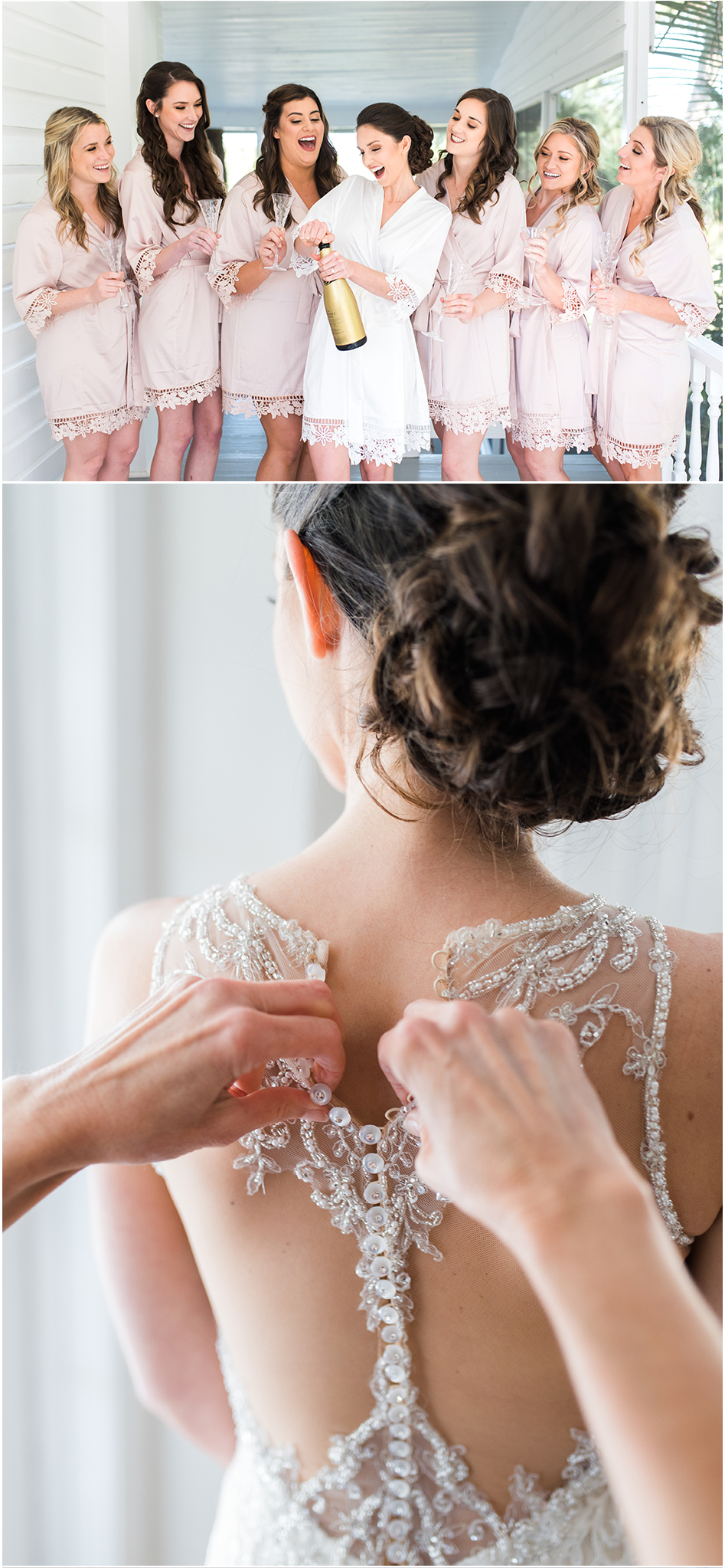 Brid and bridesmaids popping champagne | Up the Creek Farms Wedding | Lisa Marshall Photography